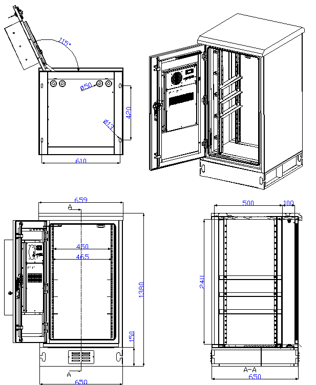 24U Power Outdoor Telecom Cabinet IP55 Galvanized Steel 1.2mm Walls
